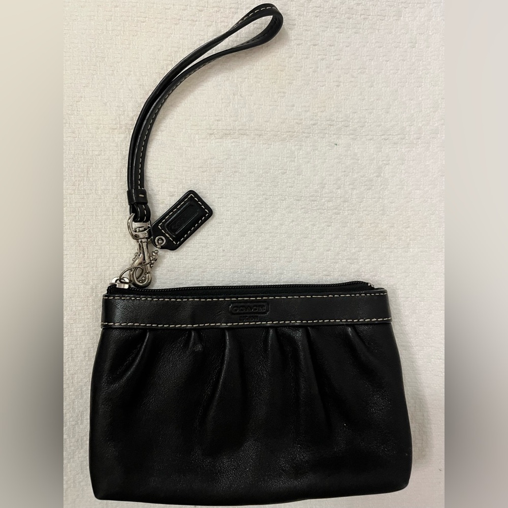 Coach Black Leather Wristlet with Logo Leather Charm